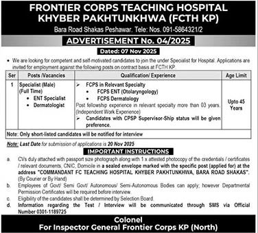Frontier Corps Teaching Hospital FCTH Peshawar Jobs 2025 – Frontier Corps Kpk Jobs 2025 — original advertisement