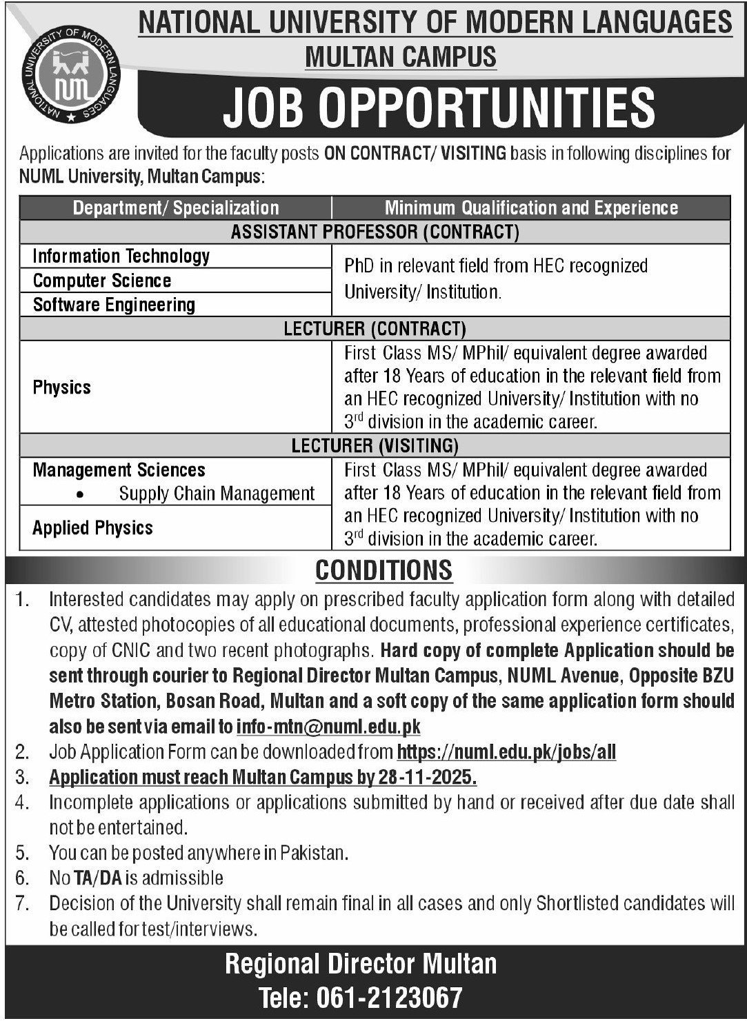 NUML University Multan Campus Jobs 2025 Visiting Lecturers – National University of Modern Languages Islamabad Jobs 2025 — original advertisement