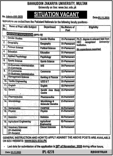 Bahauddin Zakariya University Multan BZU Multan Jobs 2025 Jobs 2025 — original advertisement