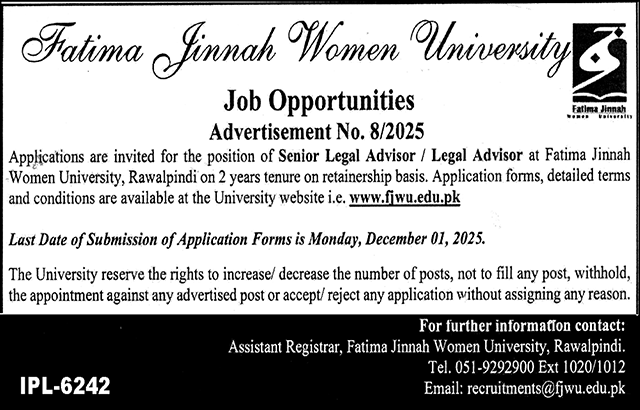Fatima Jinnah Women University Rawalpindi Jobs 2025 Jobs 2025 — original advertisement