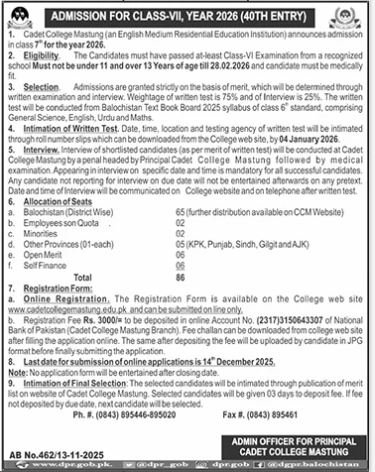 Admission Open in Cadet College Mastung Balochistan 2026 Admissions 2025 — original advertisement