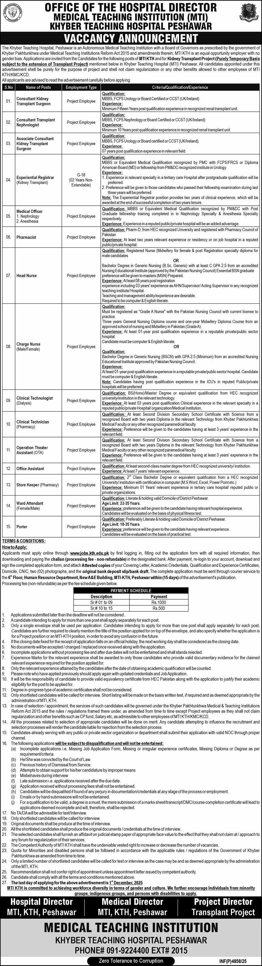 Khyber Teaching Hospital KTH MTI Peshawar Jobs 2025 – Medical Teaching Institute MTI Khyber Teaching Hospital Peshawar Kpk Jobs 2025 — original advertisement