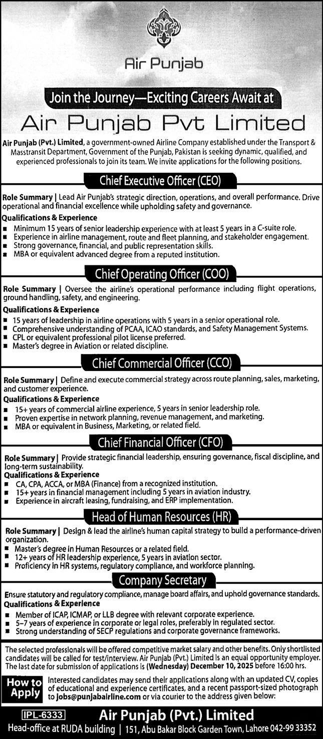 Air Punjab Jobs 2025 For Chief Executive Officer & CFO – Private Company Jobs 2025 — original advertisement