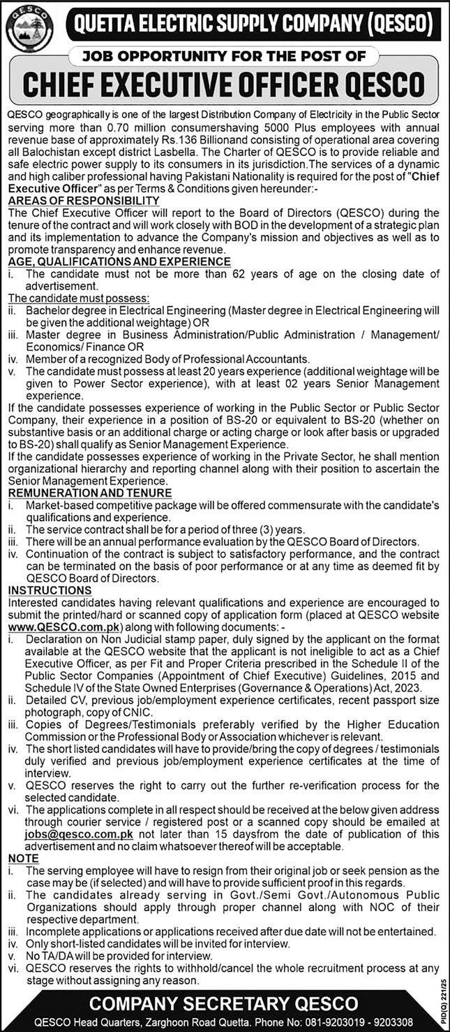 Quetta Electric Supply Company QESCO Jobs 2025 For CEO Jobs 2025 — original advertisement