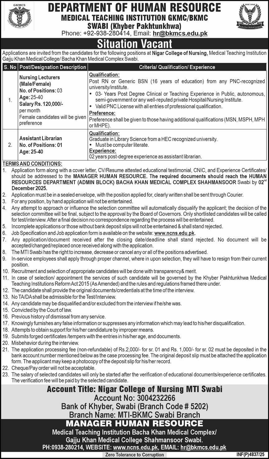Bacha Khan Medical Complex BKMC Swabi Jobs 2025 – Bacha Khan Medical Complex Swabi Jobs 2025 — original advertisement