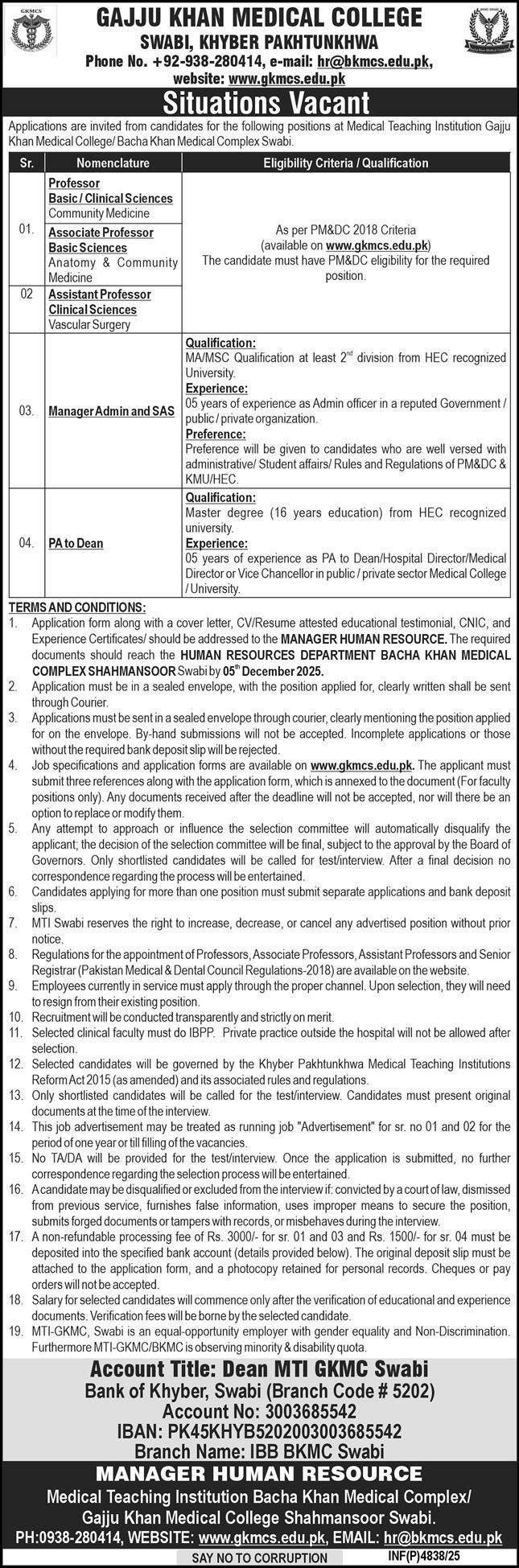 Gajju Khan Medical College GKMC Swabi Jobs 2025 – Bacha Khan Medical Complex Swabi Jobs 2025 — original advertisement