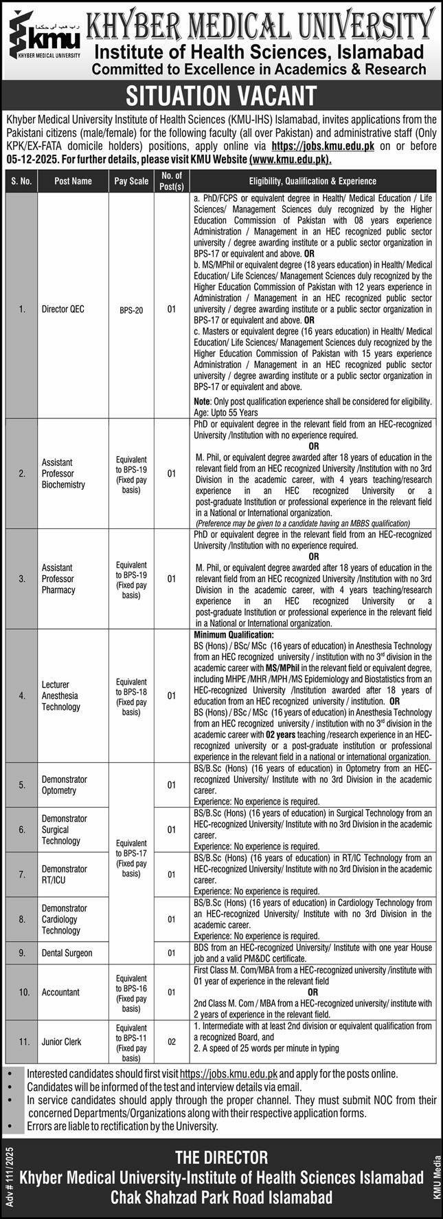 Khyber Medical University KMU Islamabad Jobs 2025 – Khyber Medical University Peshawar Jobs 2025 — original advertisement