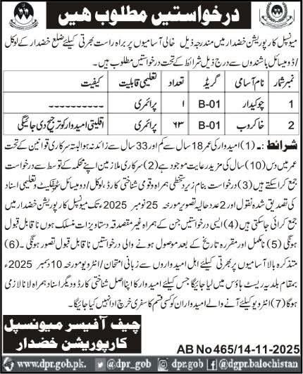Muncipal Corporation Mc Khuzdar Jobs 2025 – Municipal Corporation MC Jobs 2025 — original advertisement