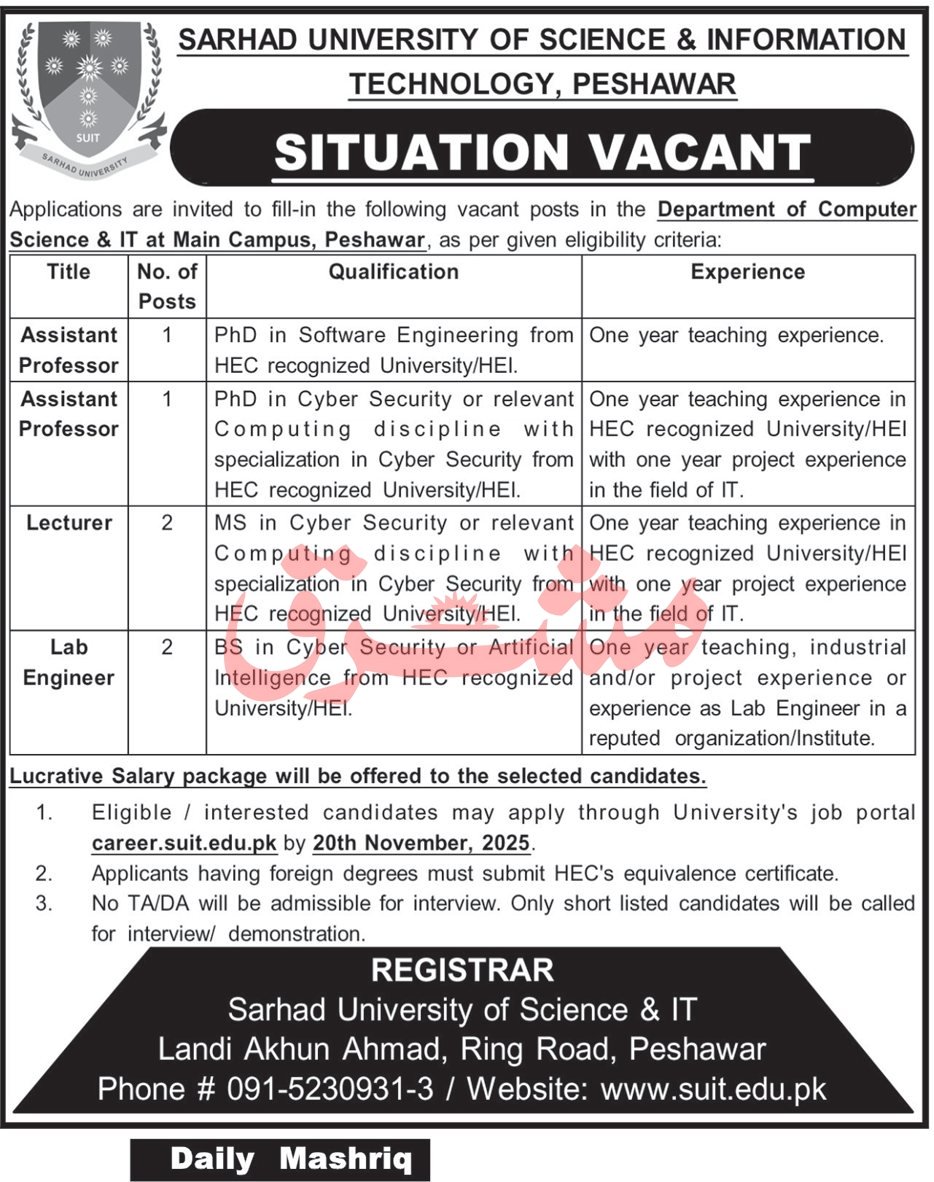 Sarhad University Peshawar khyber Pakhtunkhwa Jobs 2025 – Sarhad University of Science and Information Technology Peshawar Jobs 2025 — original advertisement