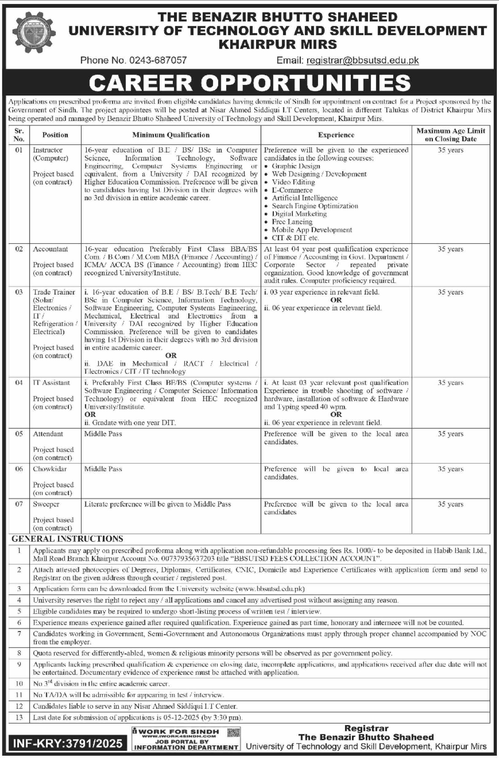 Benazir Bhutto Shaheed University Of Technology Jobs 2025 – Benazir Bhutto Shaheed University of Technology and Skill Development Khairpur Mirs Jobs 2025 — original advertisement