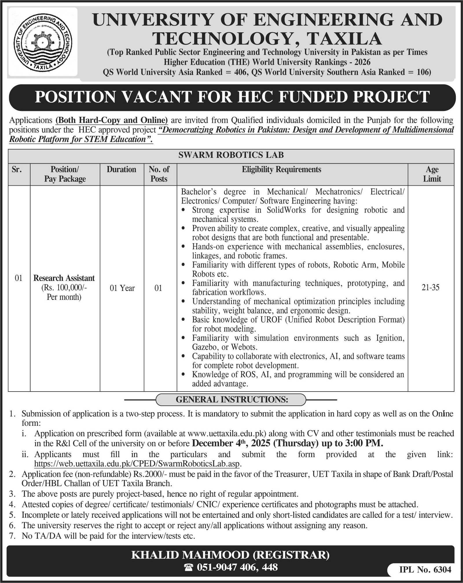 University of Engineering and Technology UET Jobs 2025 – University of Engineering and Technology Taxila Jobs 2025 — original advertisement
