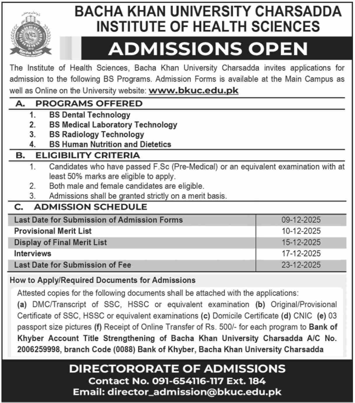 Admissions Open in Bacha Khan University Charsada 2025 Admissions 2025 — original advertisement
