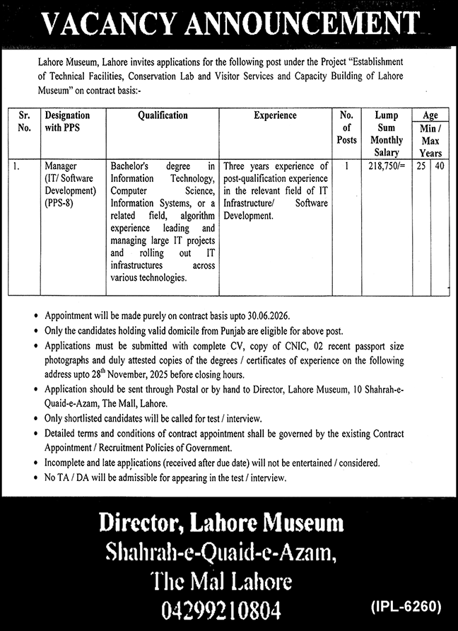 Lahore Museum Lahore Punjab Jobs 2025 – Govt of Punjab Jobs 2025 — original advertisement