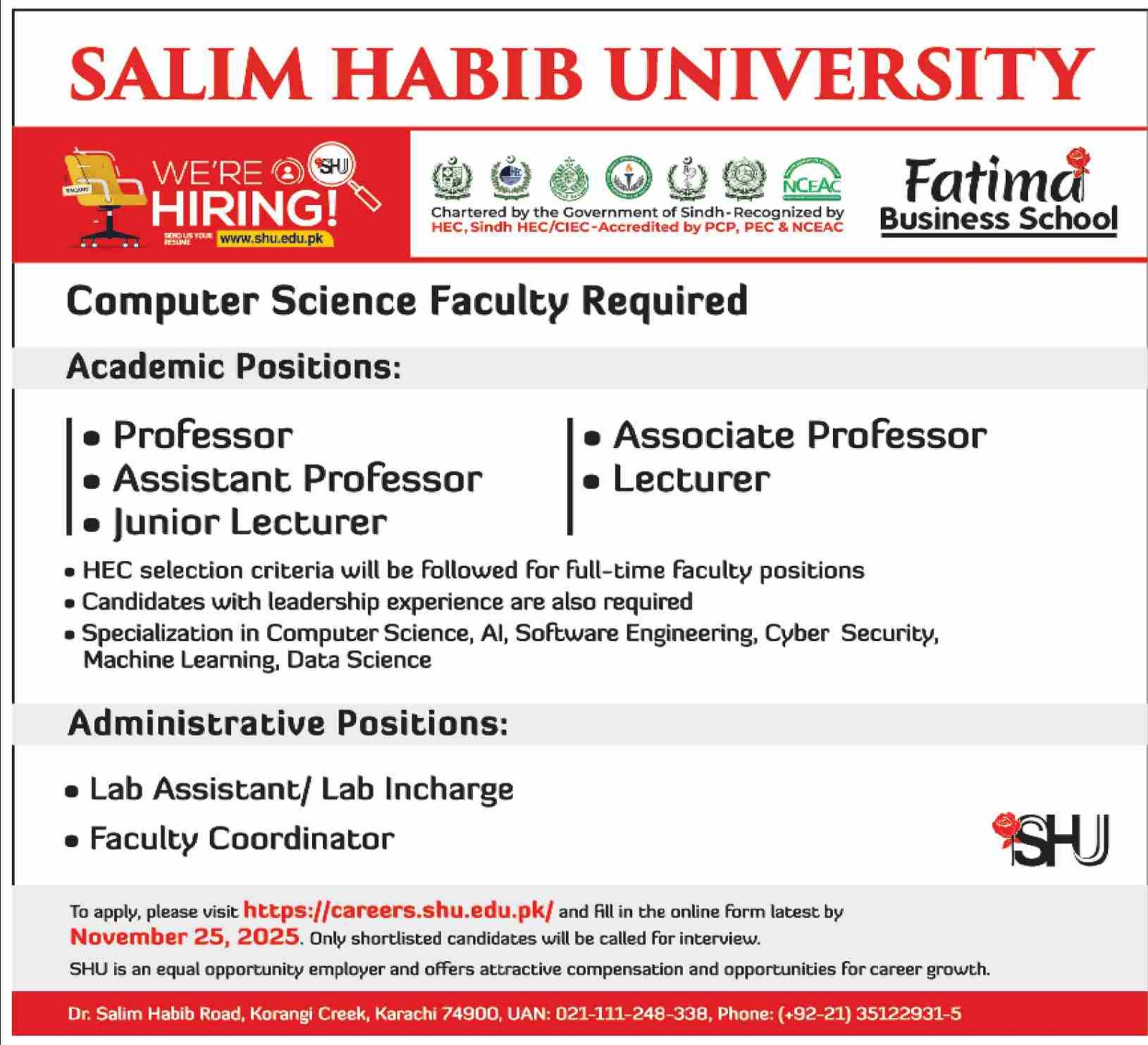 Salim Habib University SHU Jobs 2025 Jobs 2025 — original advertisement