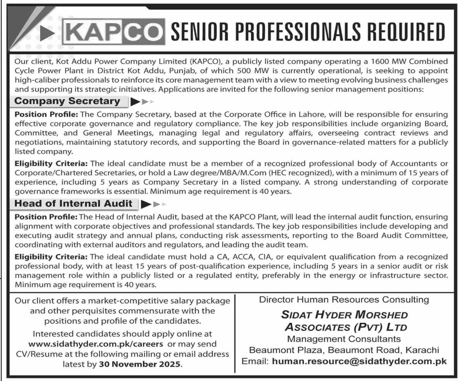 Kot Addu Power Company Limited KAPCO Jobs 2025 – Private Company Jobs 2025 — original advertisement