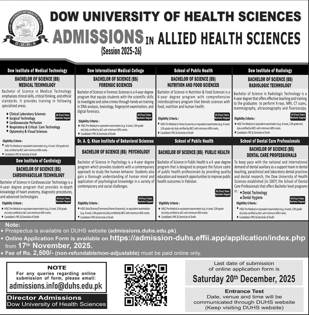 Admission Open in Dow University of Health Sciences 2025 – Dow University of Health Sciences Karachi Admissions 2025 — original advertisement