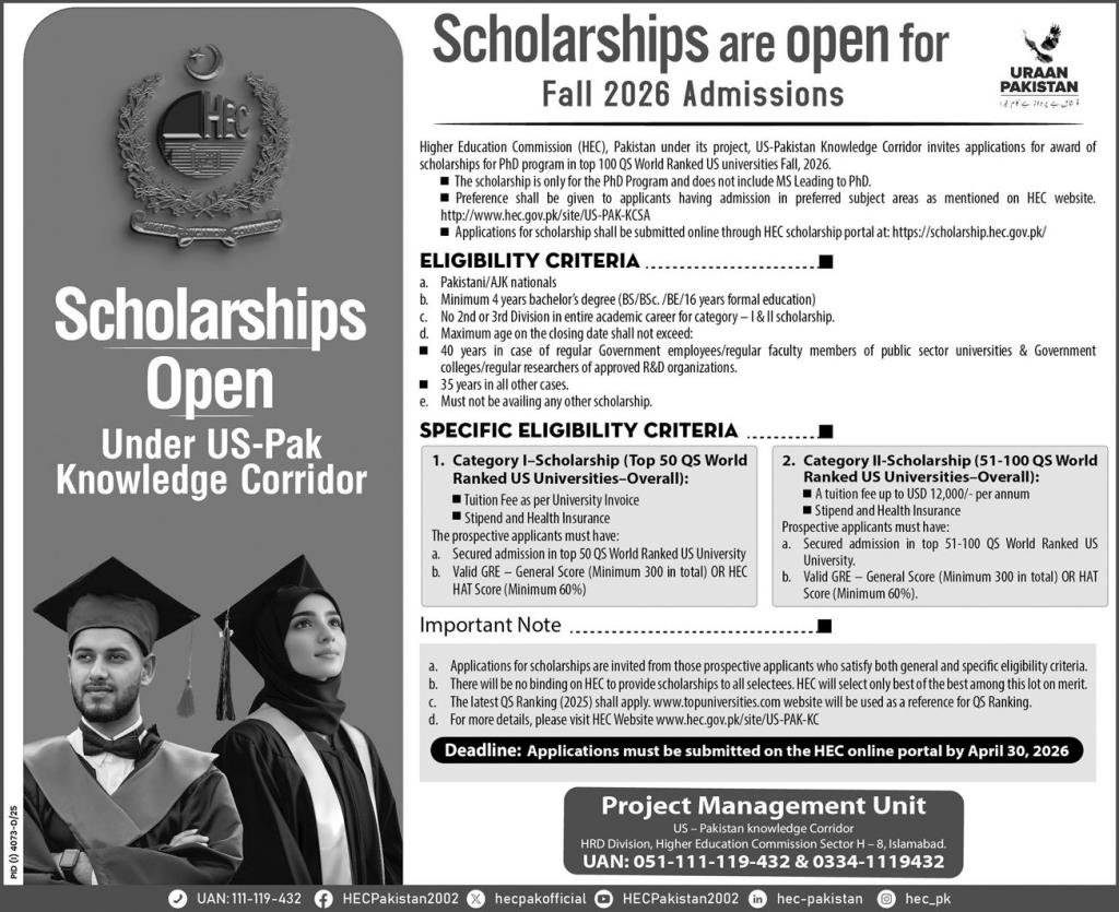 Schlarships Open Under US PAK khowledge Corridor 2025 – Higher Education Commission Islamabad Jobs 2025 — original advertisement