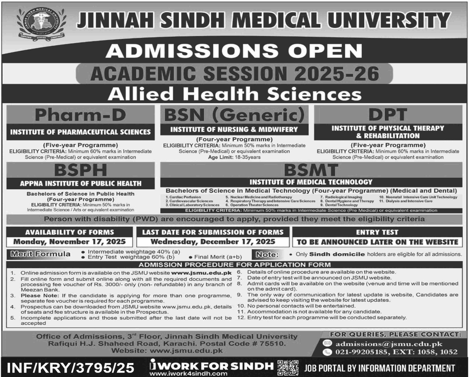 Admission Open in Jinnah Sindh Medical University 2025 – Jinnah Sindh Medical University Karachi Admissions 2025 — original advertisement