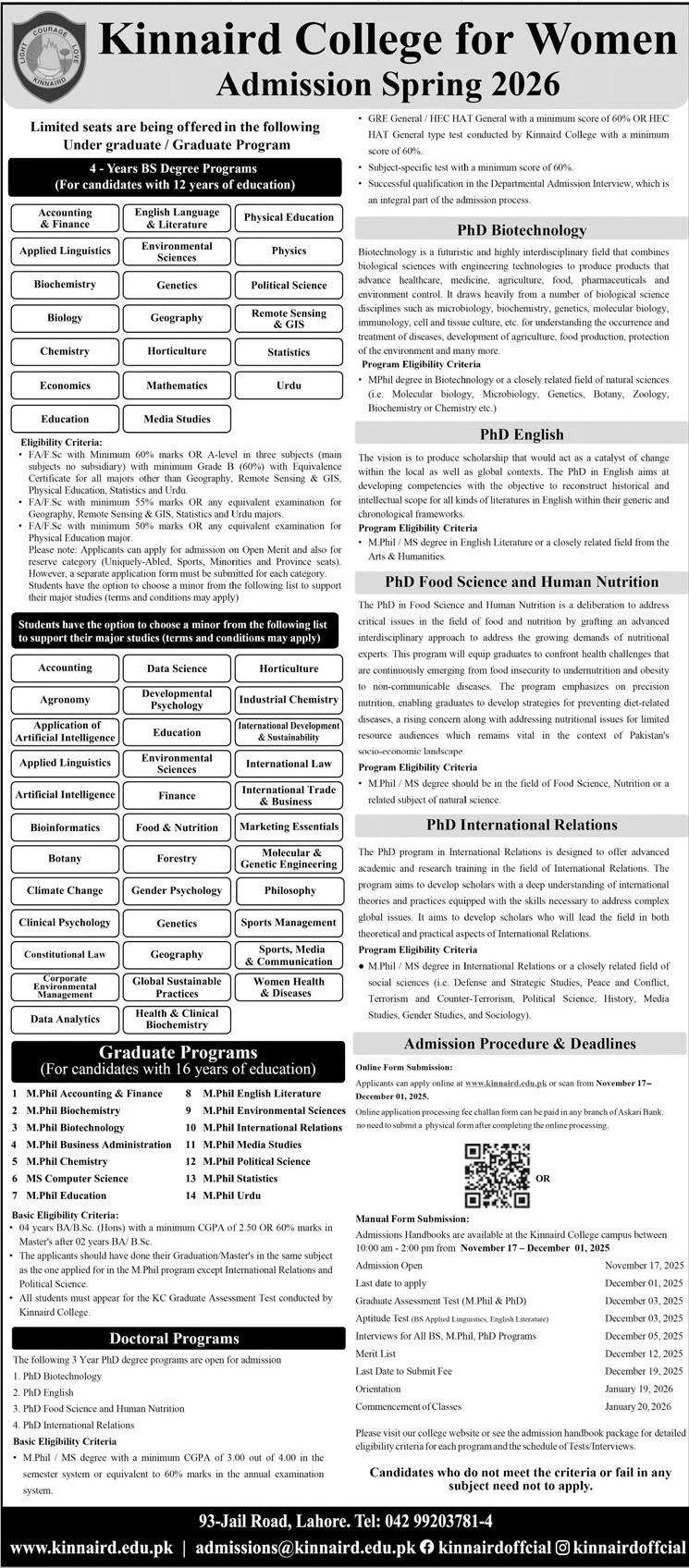 Admission Open in Kinnaird College For Women 2025 – Punjab Kinnaird College for Women Lahore Admissions 2025 — original advertisement