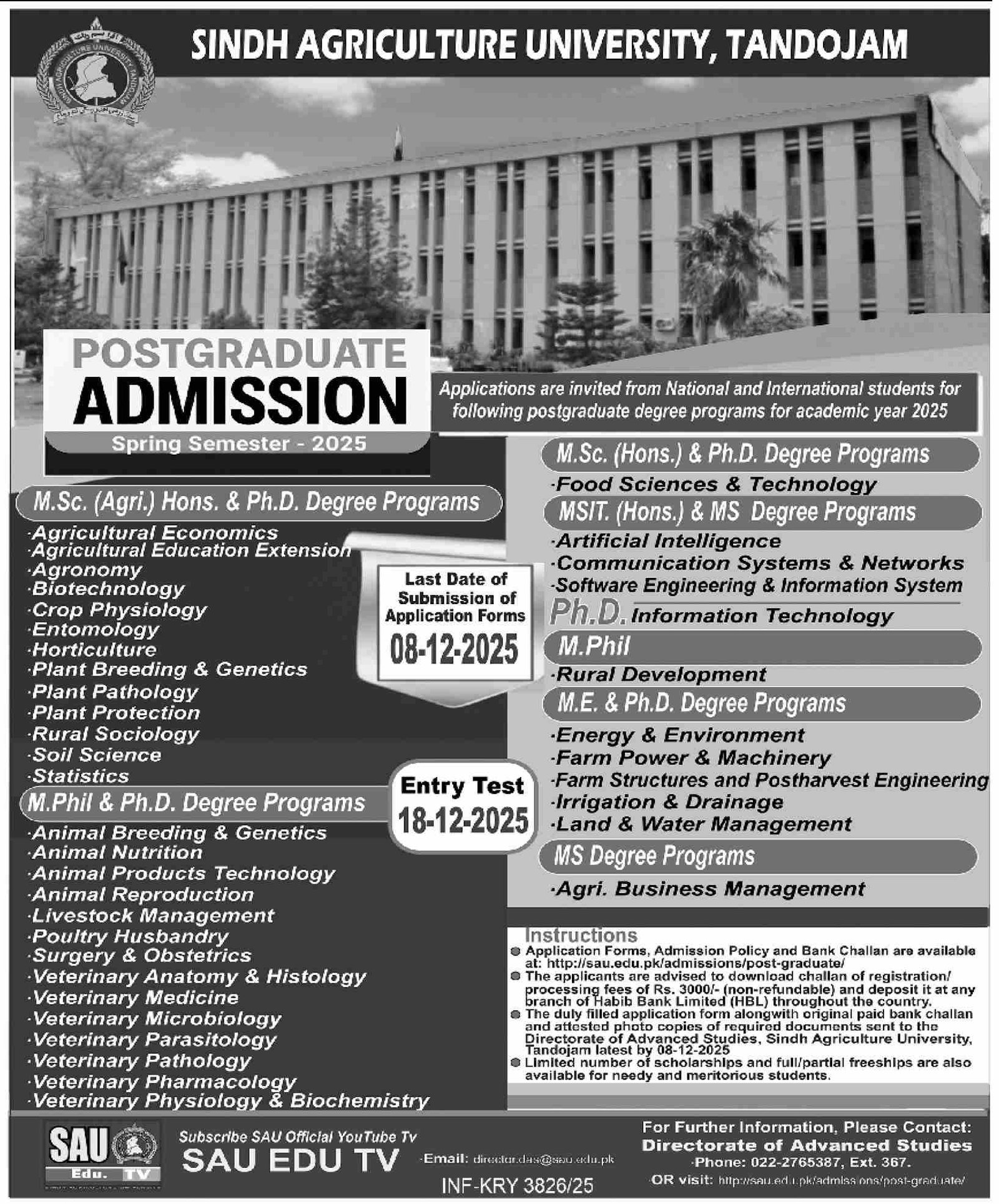 Admission Open in  Sindh Agriculture University Tandojam Admissions 2025 — original advertisement
