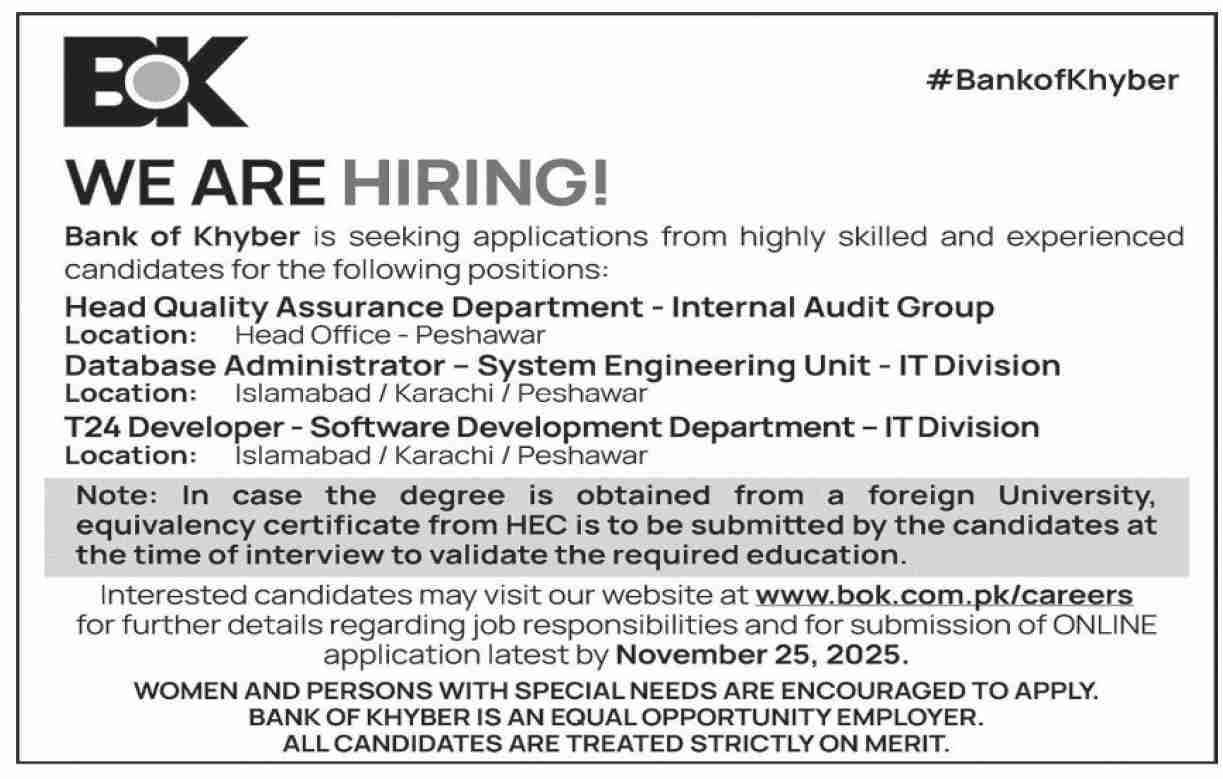 The Bank of Khyber BOK Peshawar Jobs 2025 Jobs 2025 — original advertisement