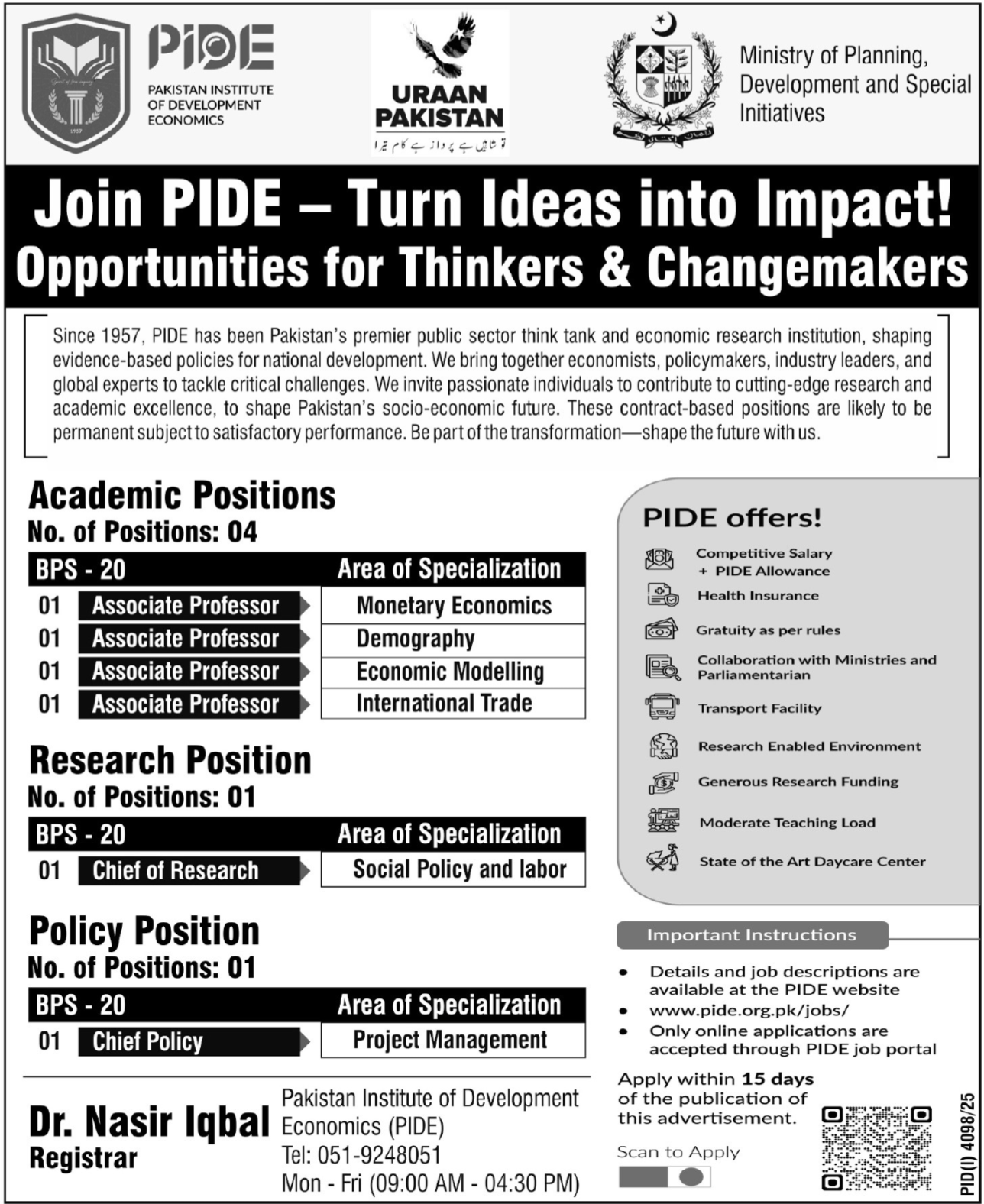 Pakistan Institute Of Development PIDE Jobs 2025 – Pakistan Institute of Development Economics (PIDE) Jobs 2025 — original advertisement