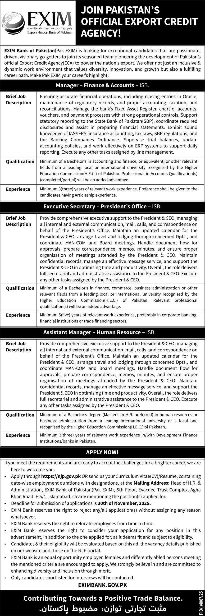 Exim Bank of Pakistan Islamabad Jobs 2025 Jobs 2025 — original advertisement