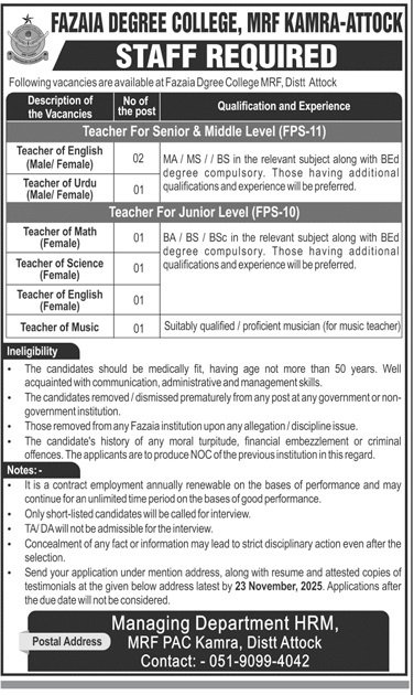 Fazia Degree College Mrf Kamra Attock Jobs 2025 – Fazaia Schools & Colleges Jobs 2025 — original advertisement