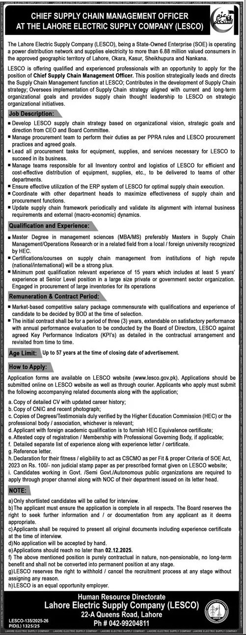 Lahore Electric Supply Company LESCO Jobs 2025 – Lahore Electric Supply Company LESCO Lahore Jobs 2025 — original advertisement