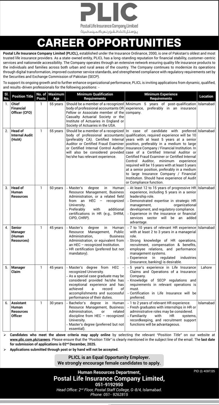 Postal Life Insurance Company Limited Islamabad Jobs 2025 Jobs 2025 — original advertisement