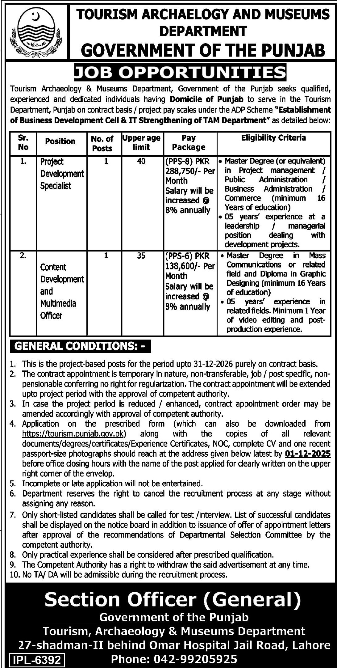 Tourism Archaeology & Museum Department Jobs 2025 – Youth Affairs, Sports, Archaeology & Tourism Department Punjab Jobs 2025 — original advertisement