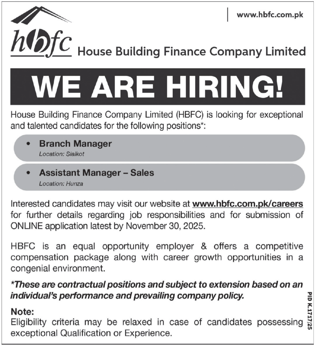 House Building Finance Company Limited Jobs 2025 – House Building Finance Company Ltd Jobs 2025 — original advertisement