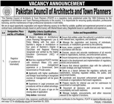 Pakistan Councial of Architects And Town Planners Jobs 2025 – Pakistan Council of Architects & Town Planners PCATP Jobs 2025 — original advertisement