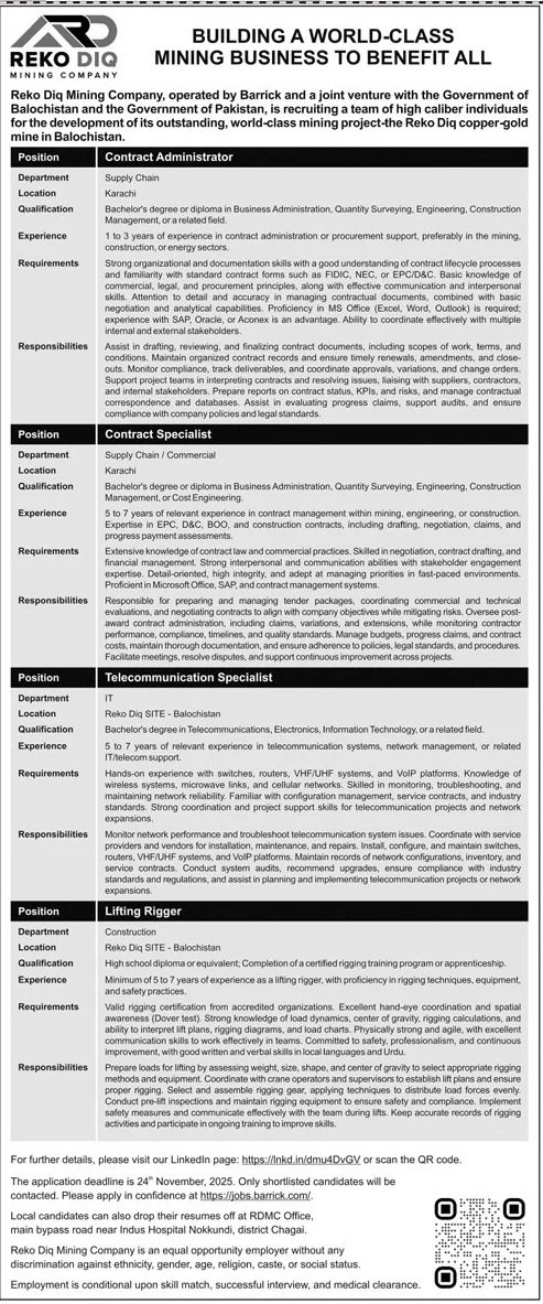 Riko Diq Mining Company Jobs 2025 – Barrick Pakistan Jobs 2025 — original advertisement