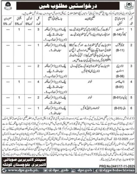 Provincial Library Balochistan Jobs 2025 For Junior Clerk – Provincial Library Balochistan Quetta Jobs 2025 — original advertisement