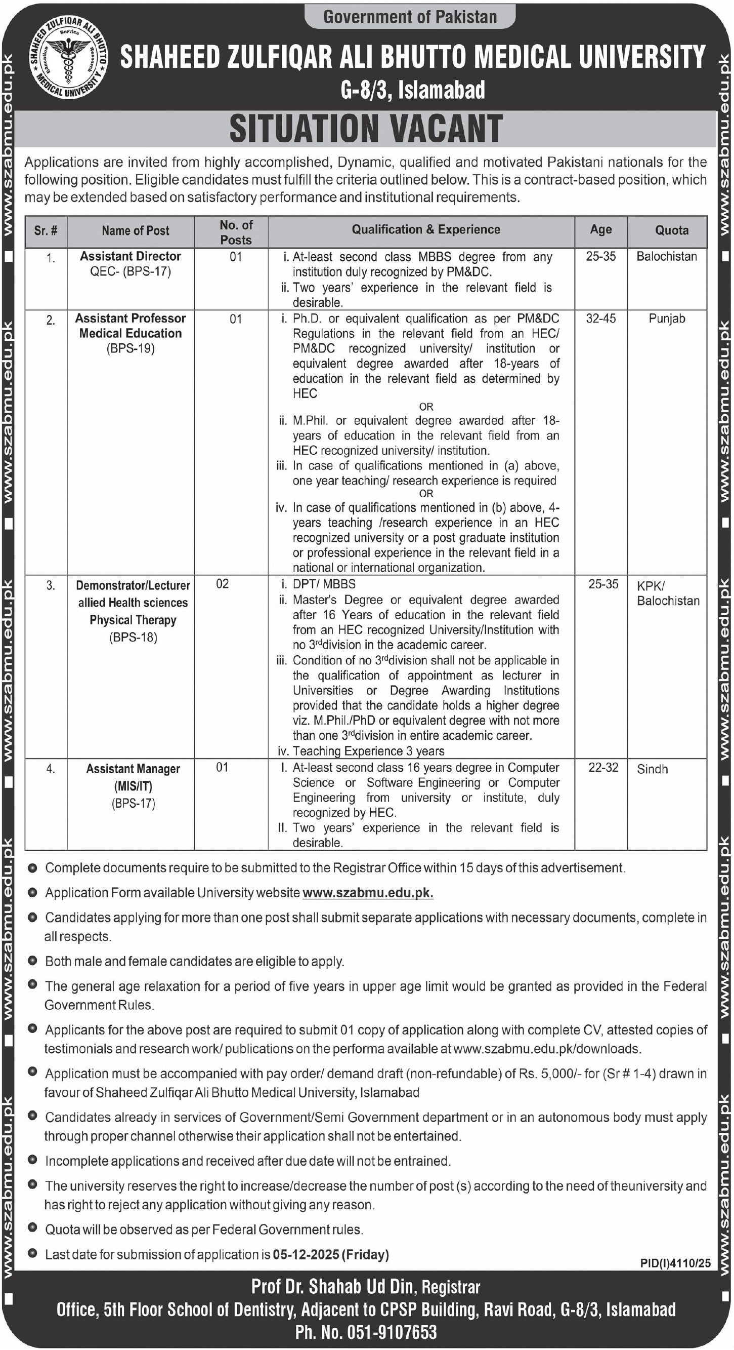 Shaheed Zulfiqar Ali Bhutto Medical University SZABMU Jobs – Shaheed Zulfiqar Ali Bhutto Medical University Islamabad Jobs 2025 — original advertisement