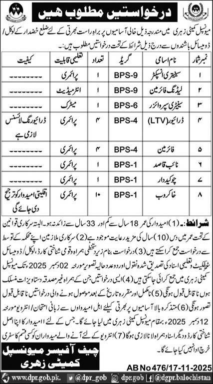 Municipal Committee MC Zehri District Khuzdar Jobs 2025 – Muncipal Commette Jobs 2025 — original advertisement