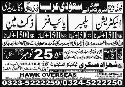 Plumber & Pipe Fitter Jobs 2025 In Saudi Arabia – Shahzad Askari Technical Institute Jobs 2025 — original advertisement