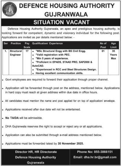 Defence Housing Authority DHA Gujranwala Job 2025 Jobs 2025 — original advertisement