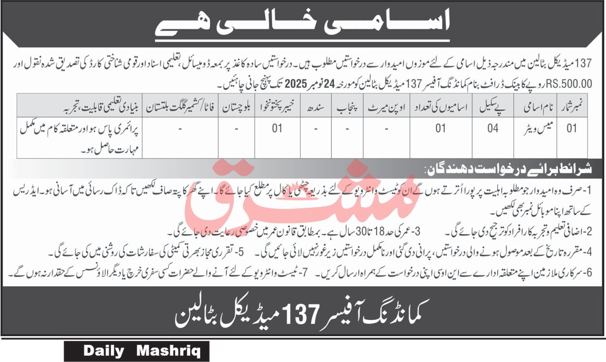 137 Medical Battalion Peshawar Job 2025 – Pakistan Army Jobs 2025 — original advertisement