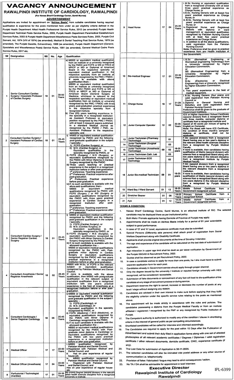 Rawalpindi Institute Of Cardiology RIC Rawalpindi Jobs 2025 – Punjab Institute of Cardiology Lahore Jobs 2025 — original advertisement