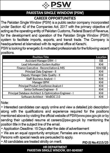 PSW Pakistan Single Window Jobs 2025 – Pakistan Single Window PSW Jobs 2025 — original advertisement