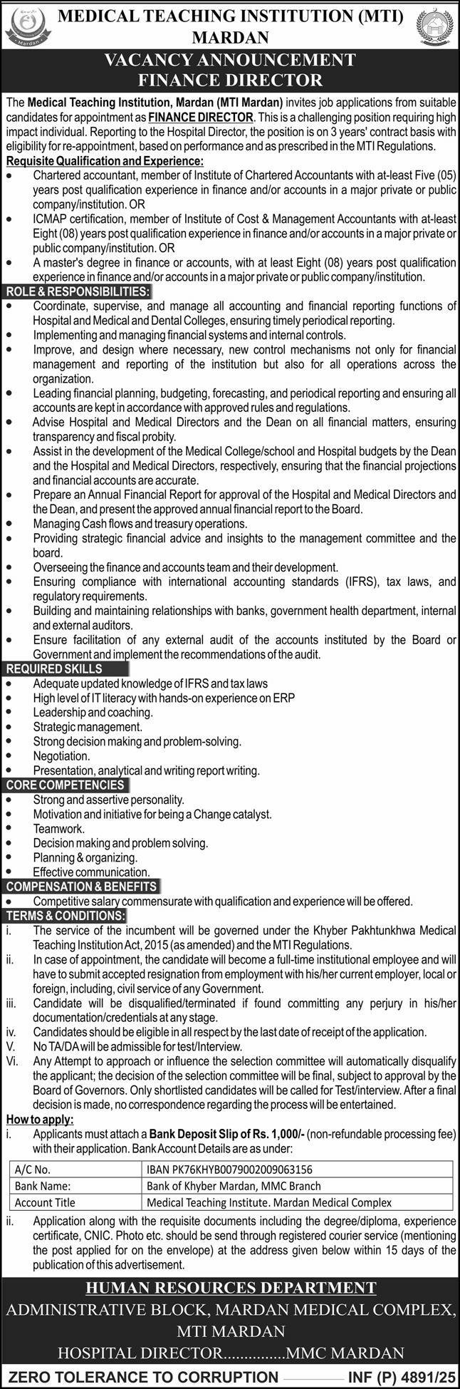 Medical Teaching Institution MTI Mardan Jobs 2025 – Medical Teaching Institute MTI Khyber Teaching Hospital Peshawar Kpk Jobs 2025 — original advertisement