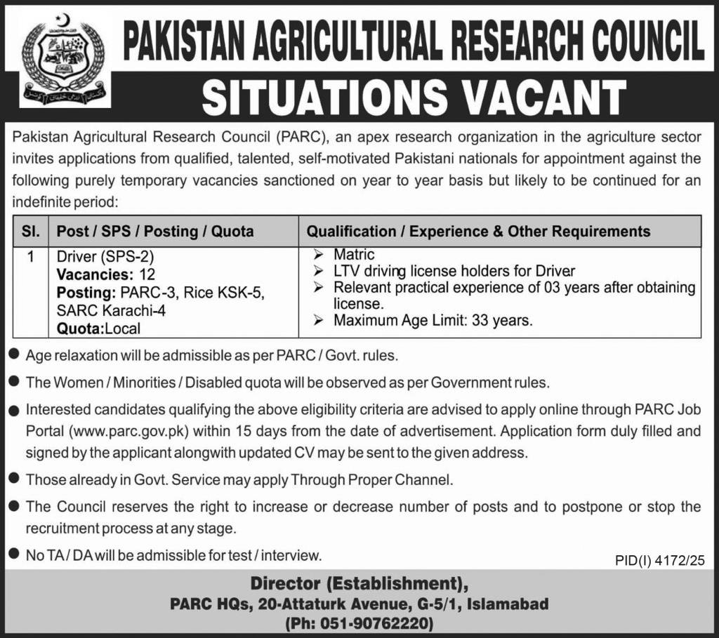 Pakistan Agricultural Research Council Islamabad Job 2025 Jobs 2025 — original advertisement
