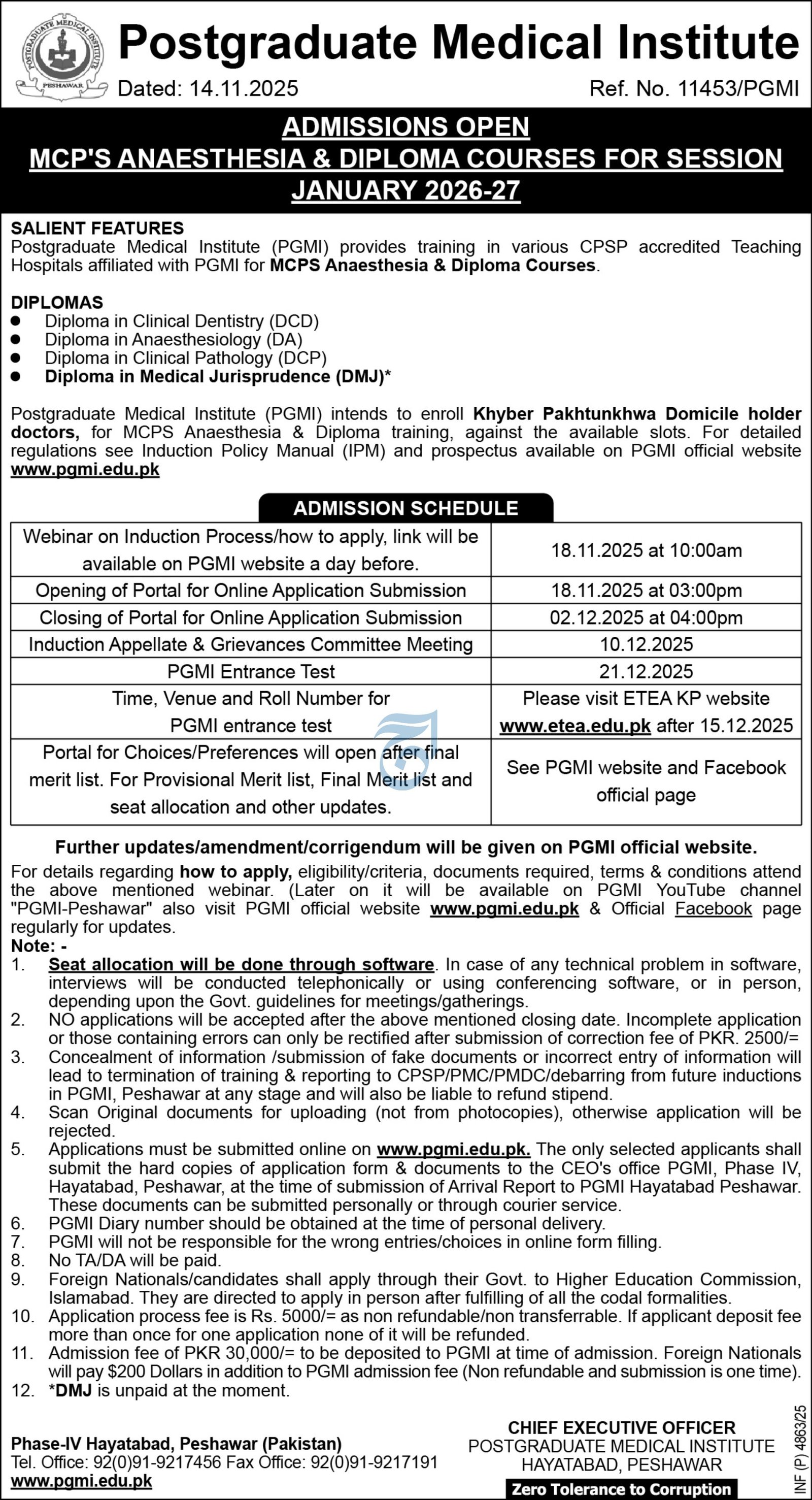 Admission Open in Postgradute Medical Institute 2025 – Government Postgraduate College Bajaur Admissions 2025 — original advertisement