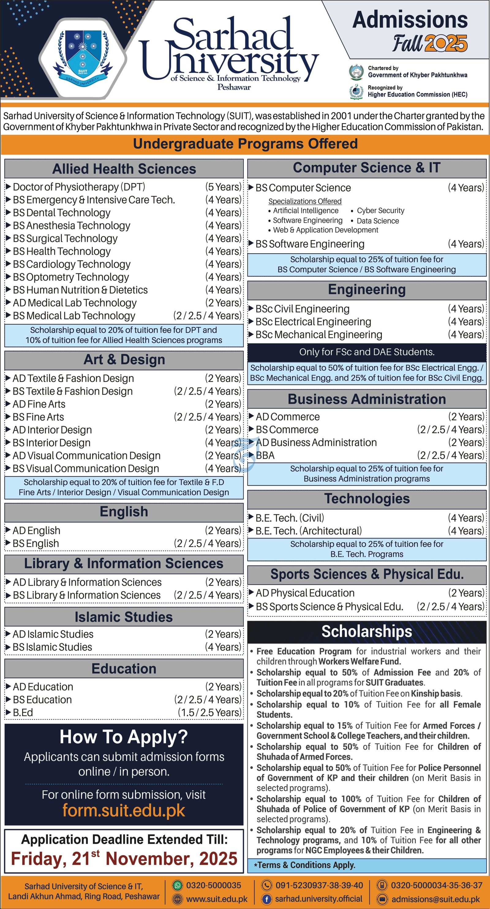 Admission Open in Sarhad University of Science & information – Sarhad University of Science and Information Technology Peshawar Admissions 2025 — original advertisement