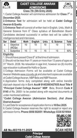 Admission Open in Cadet College Awaran 2025 Admissions 2025 — original advertisement