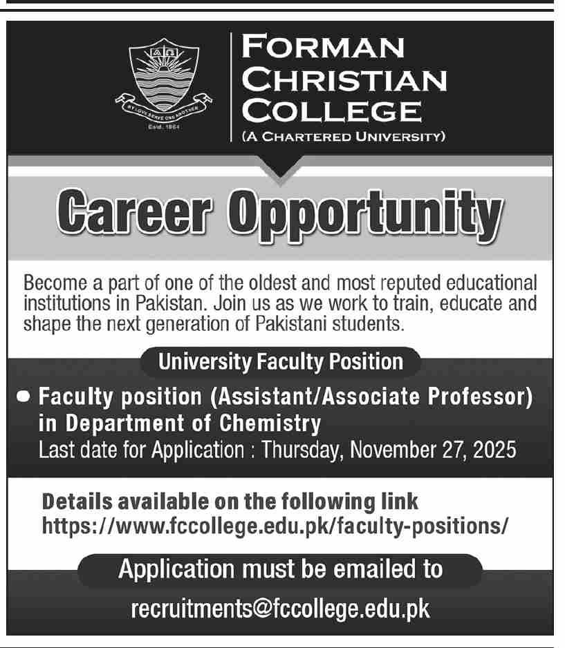 Forman Christian College Lahore Jobs 2025 Jobs 2025 — original advertisement