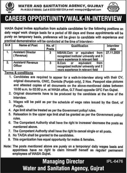 Water & Sanitation Agency WASA Gujrat Jobs 2025 – Water and Sanitation Agency (LDA) Lahore Jobs 2025 — original advertisement