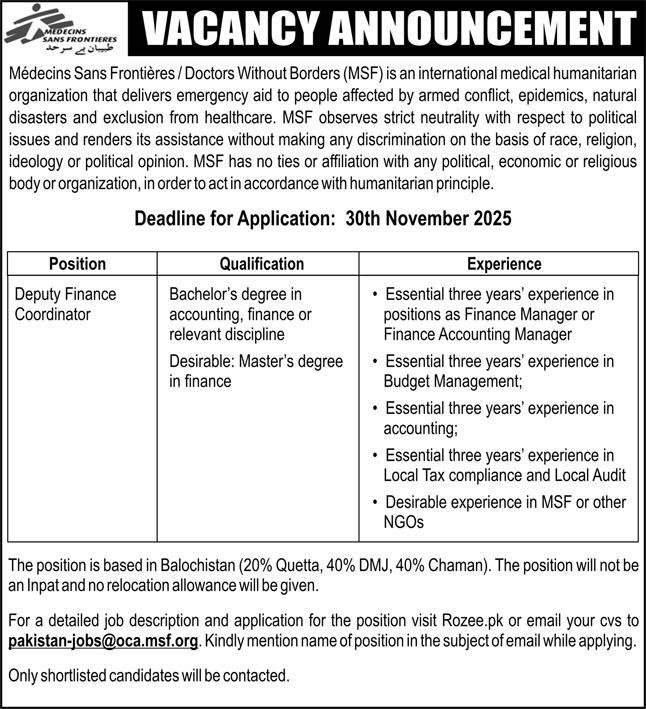 Medecins Sans Frontieres MSF Pakistan Jobs 2025 – Medecins Sans Frontières (MSF) Jobs 2025 — original advertisement